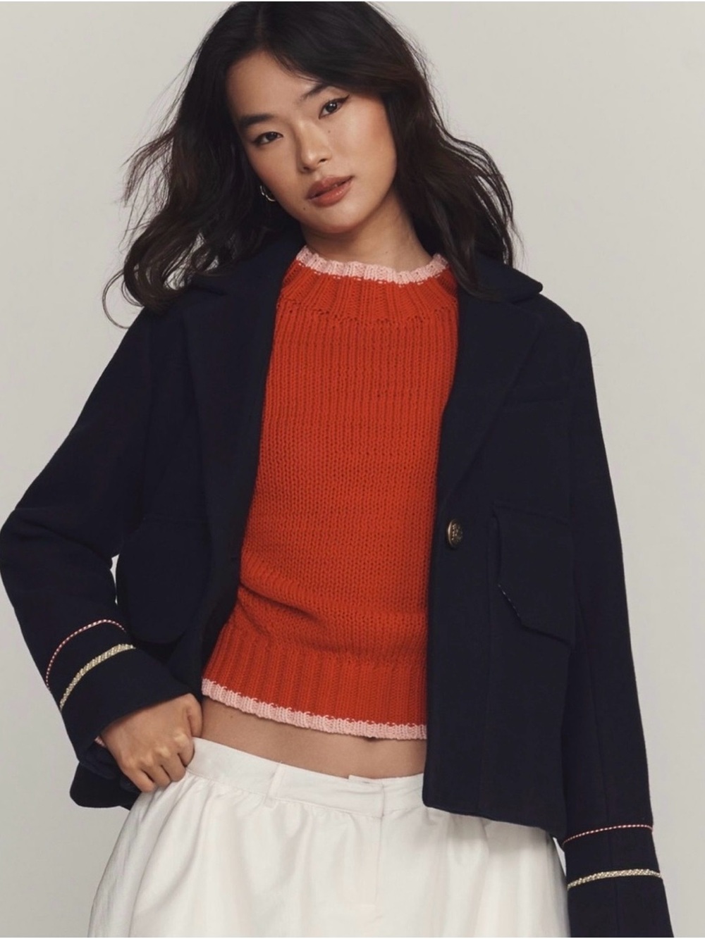 Maeve Navy Short Blazer with Gold Trim